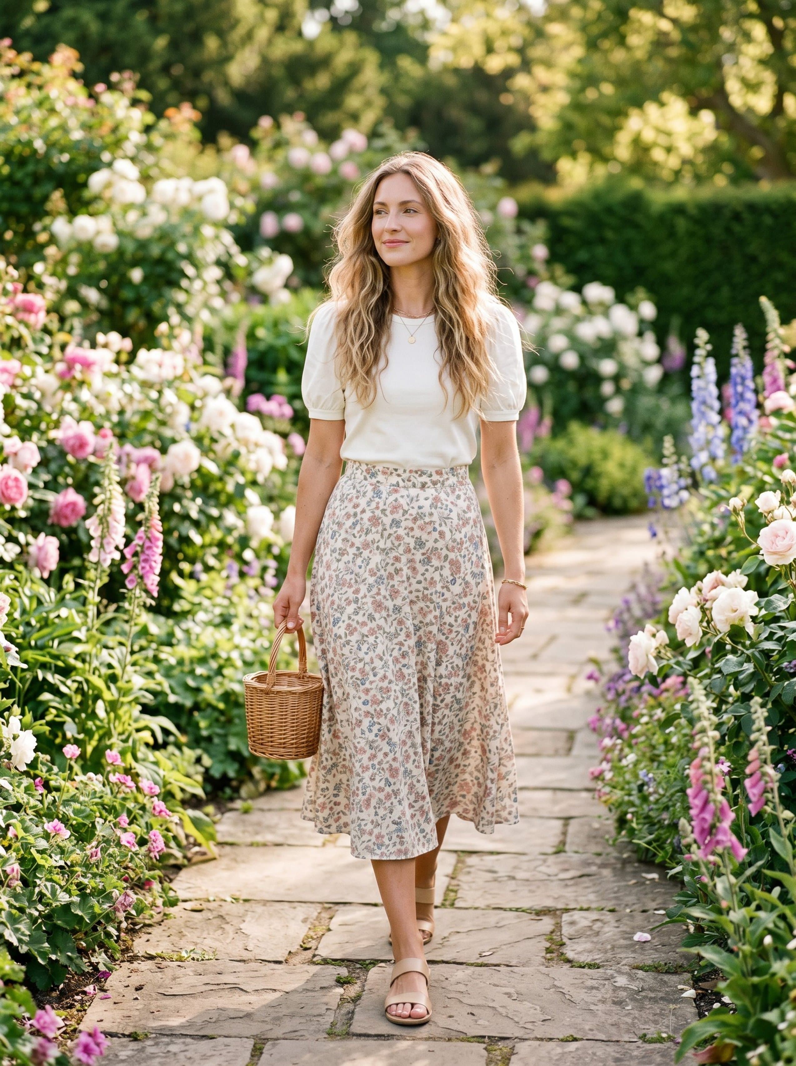 Vinted · floral midi skirt sunlit garden