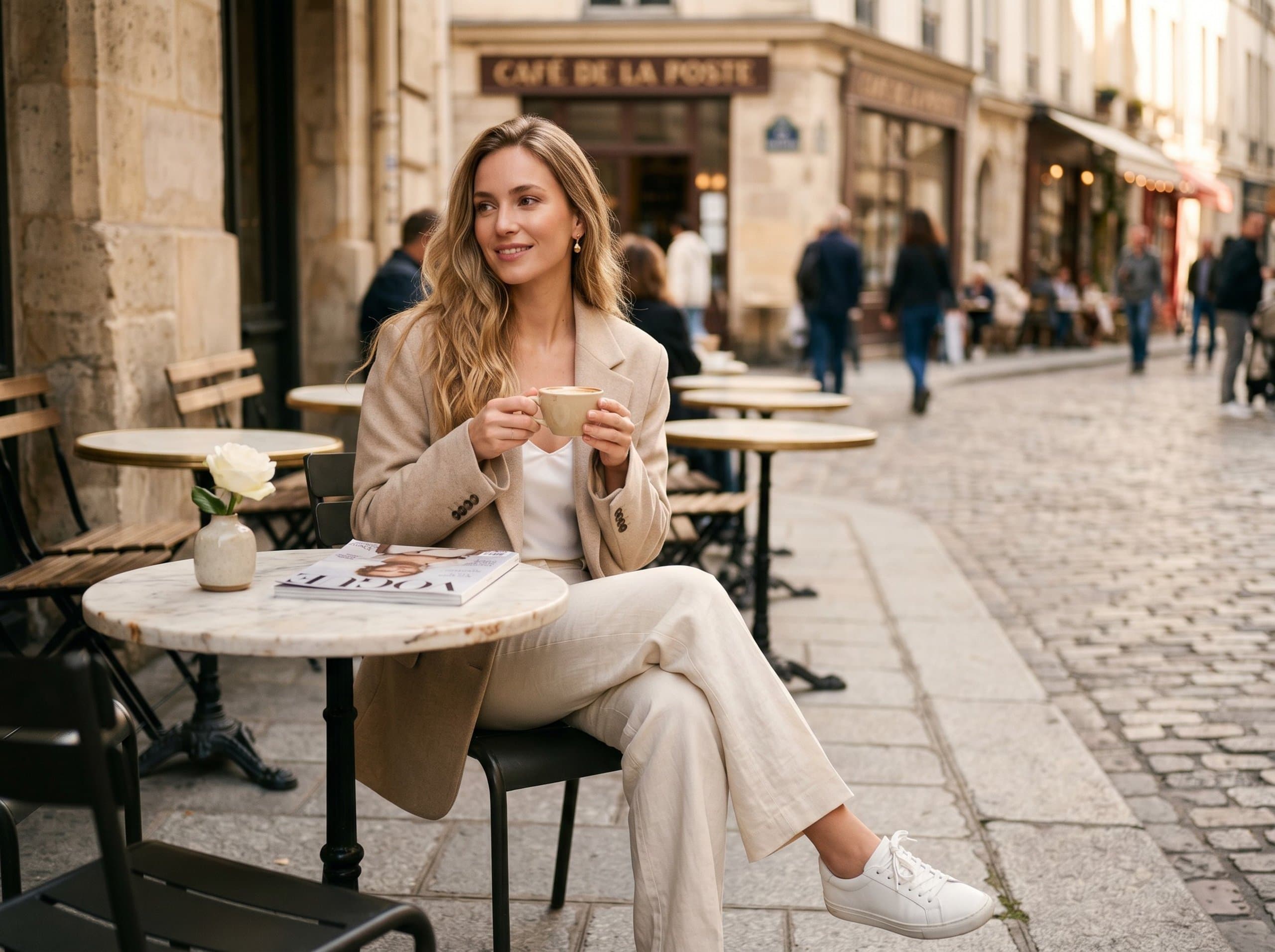 Vinted · oversized blazer sidewalk café morning