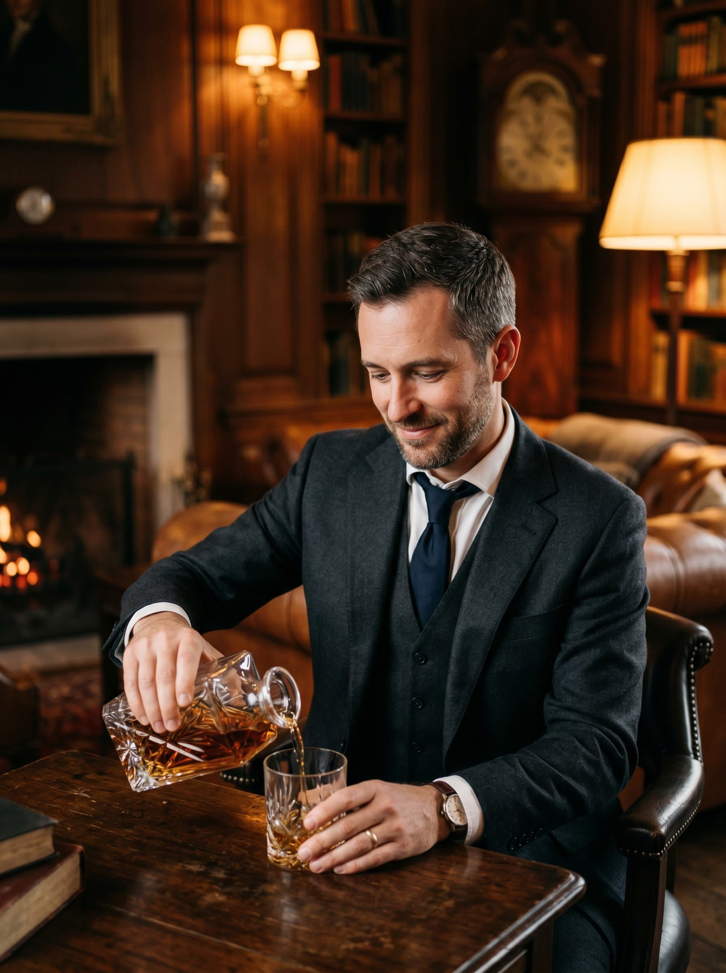 Quiet Luxury · country manor pouring whisky decanter