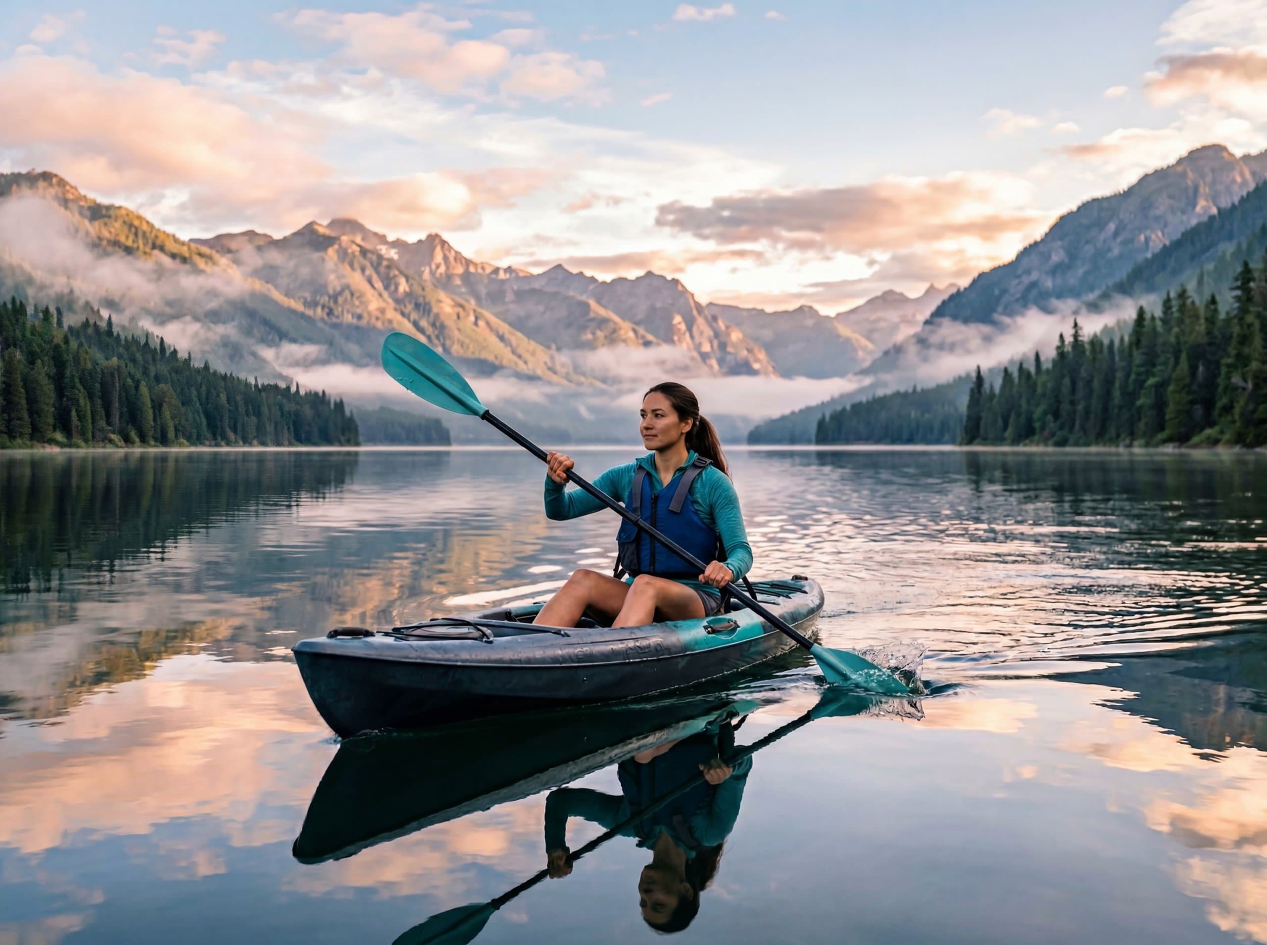 Fitness · female kayaker glassy lake dawn