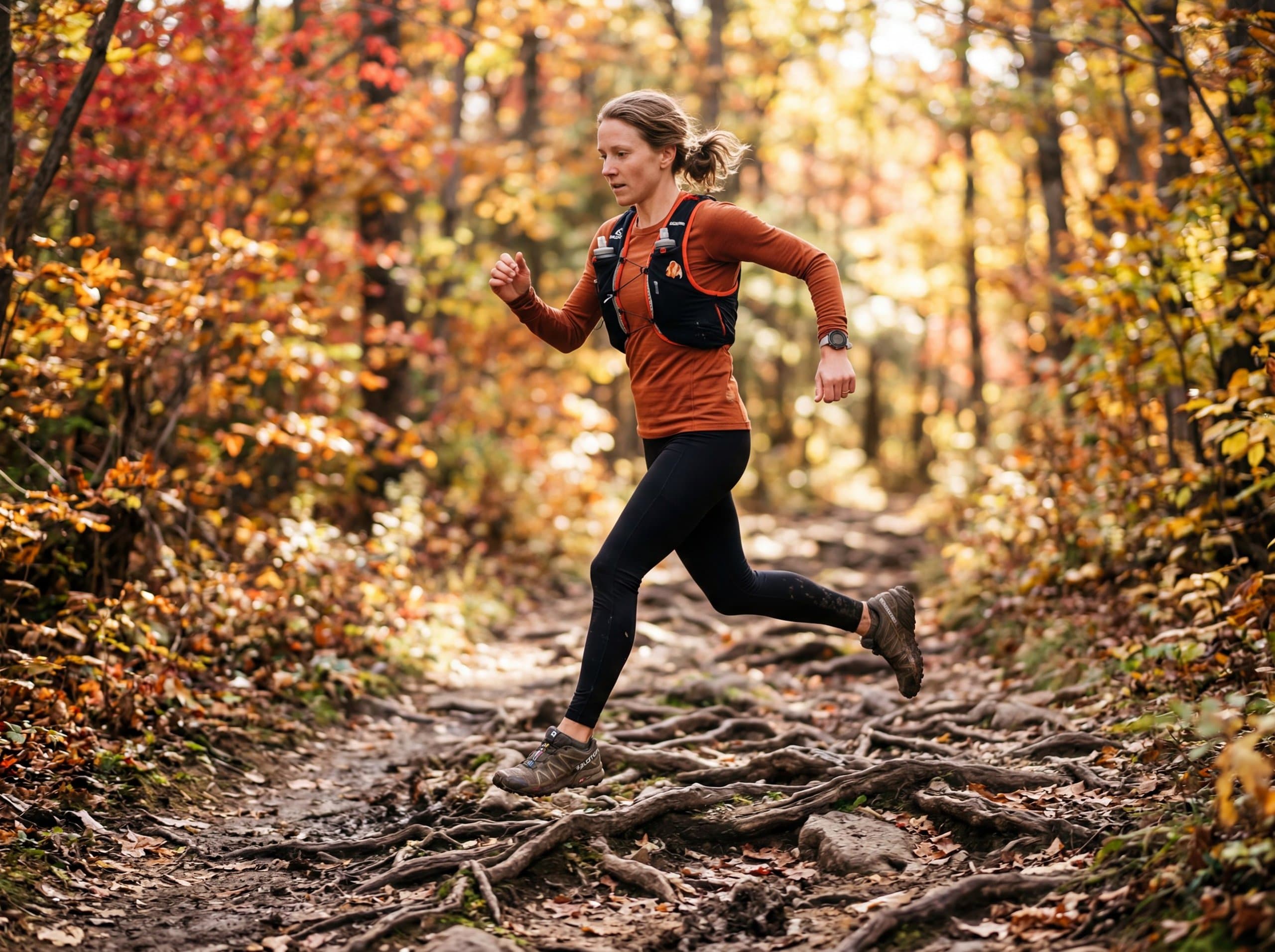 Fitness · trail runner mid-bound autumn forest