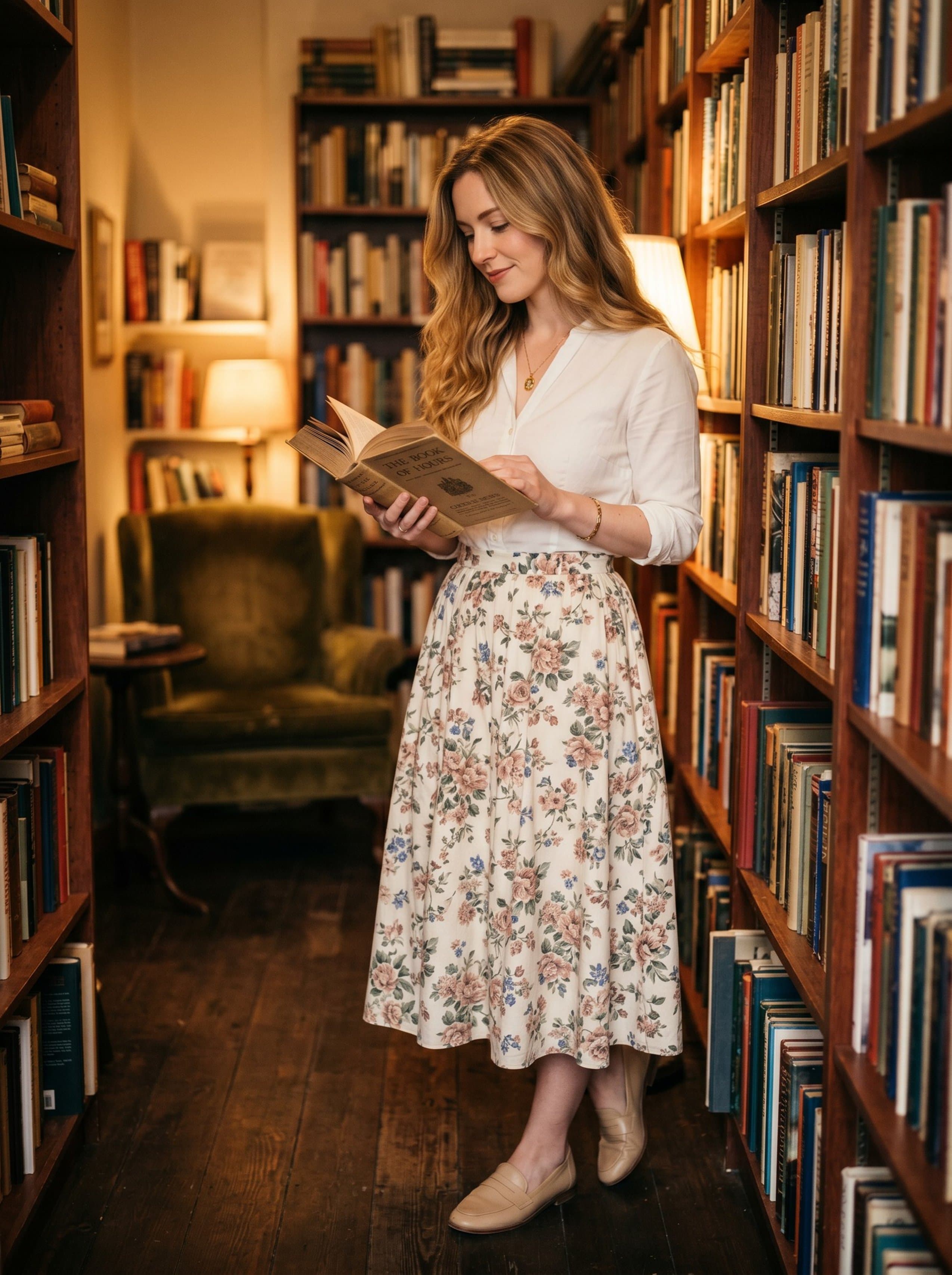 Vinted · floral midi skirt cozy bookstore