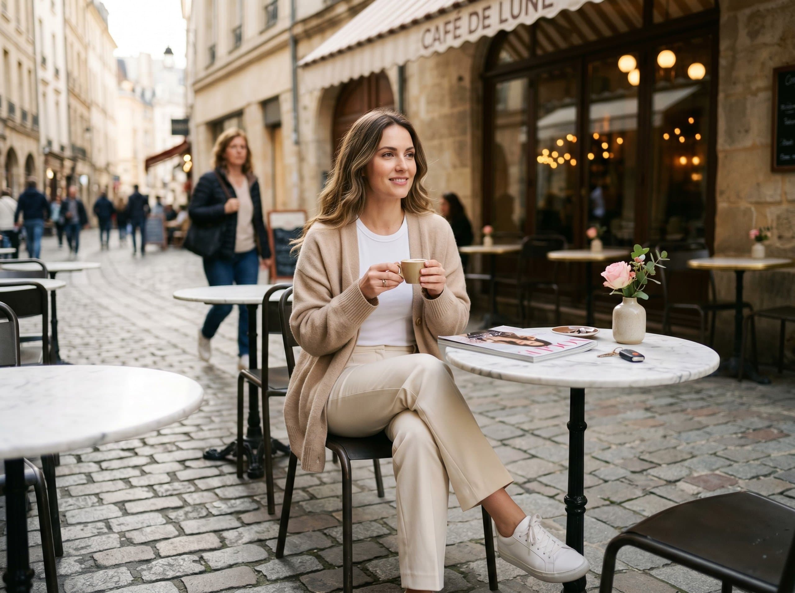 Vinted · beige cashmere cardigan sidewalk café