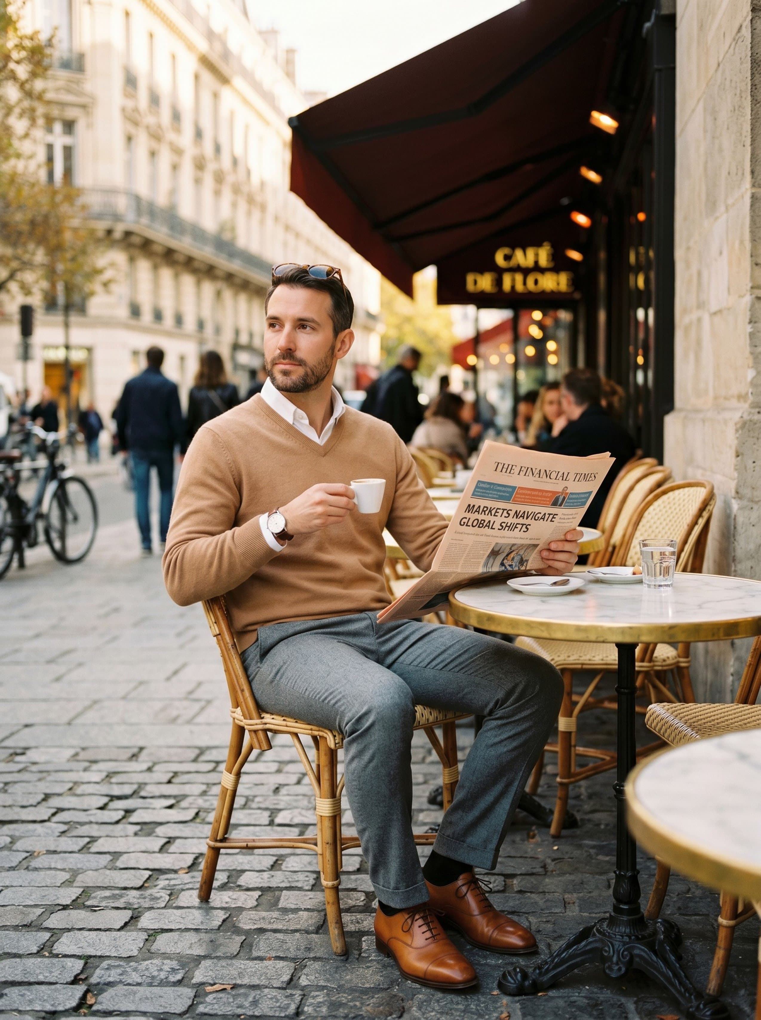 Quiet Luxury · sidewalk café espresso newspaper