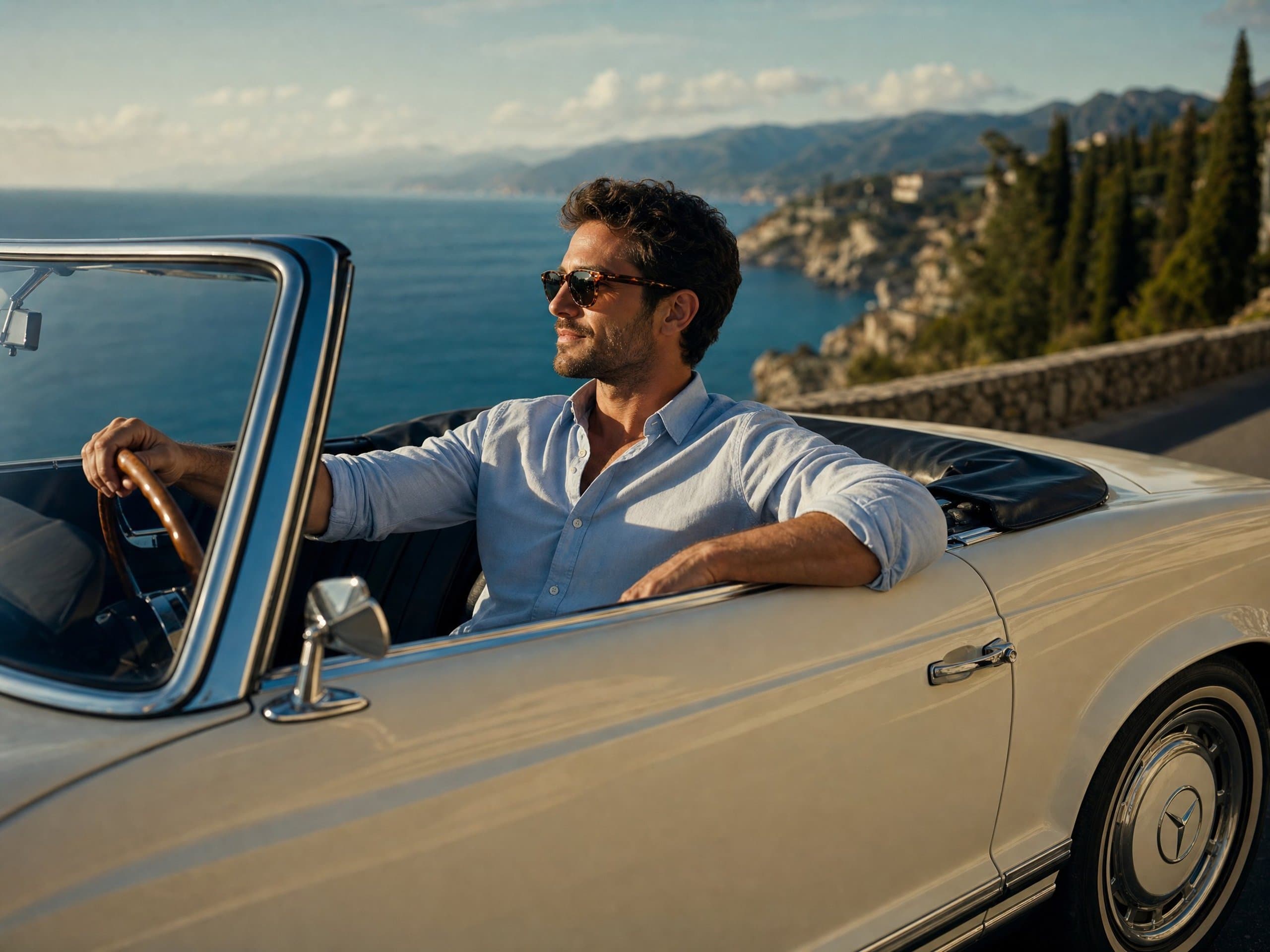 Quiet Luxury · vintage Mercedes coastal road