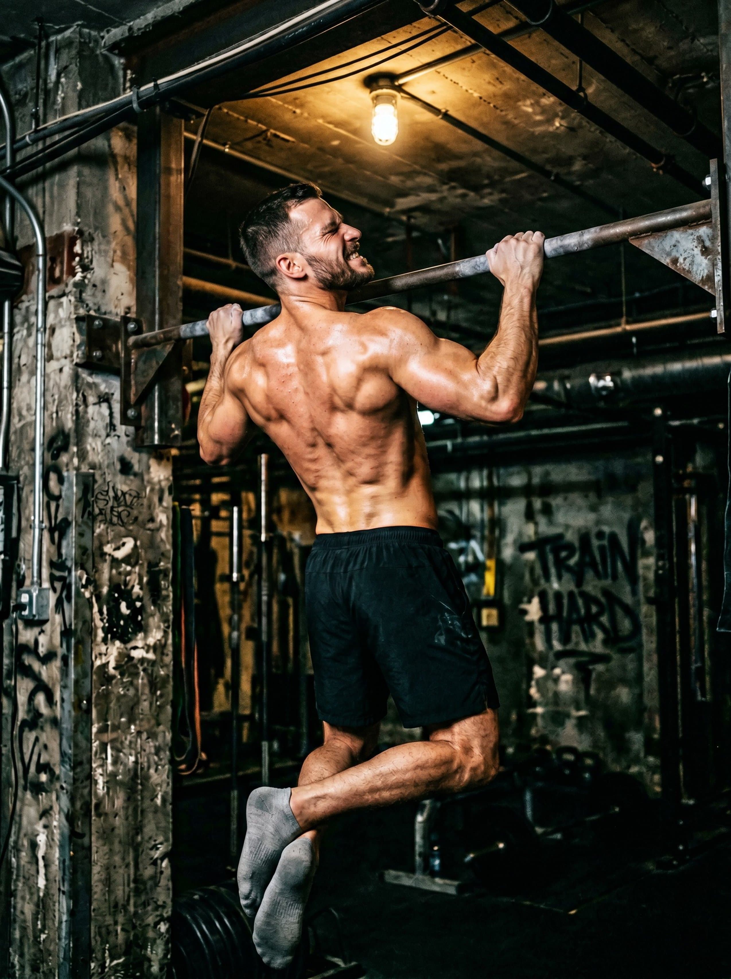 Fitness · male pull-up mid-rep raw concrete