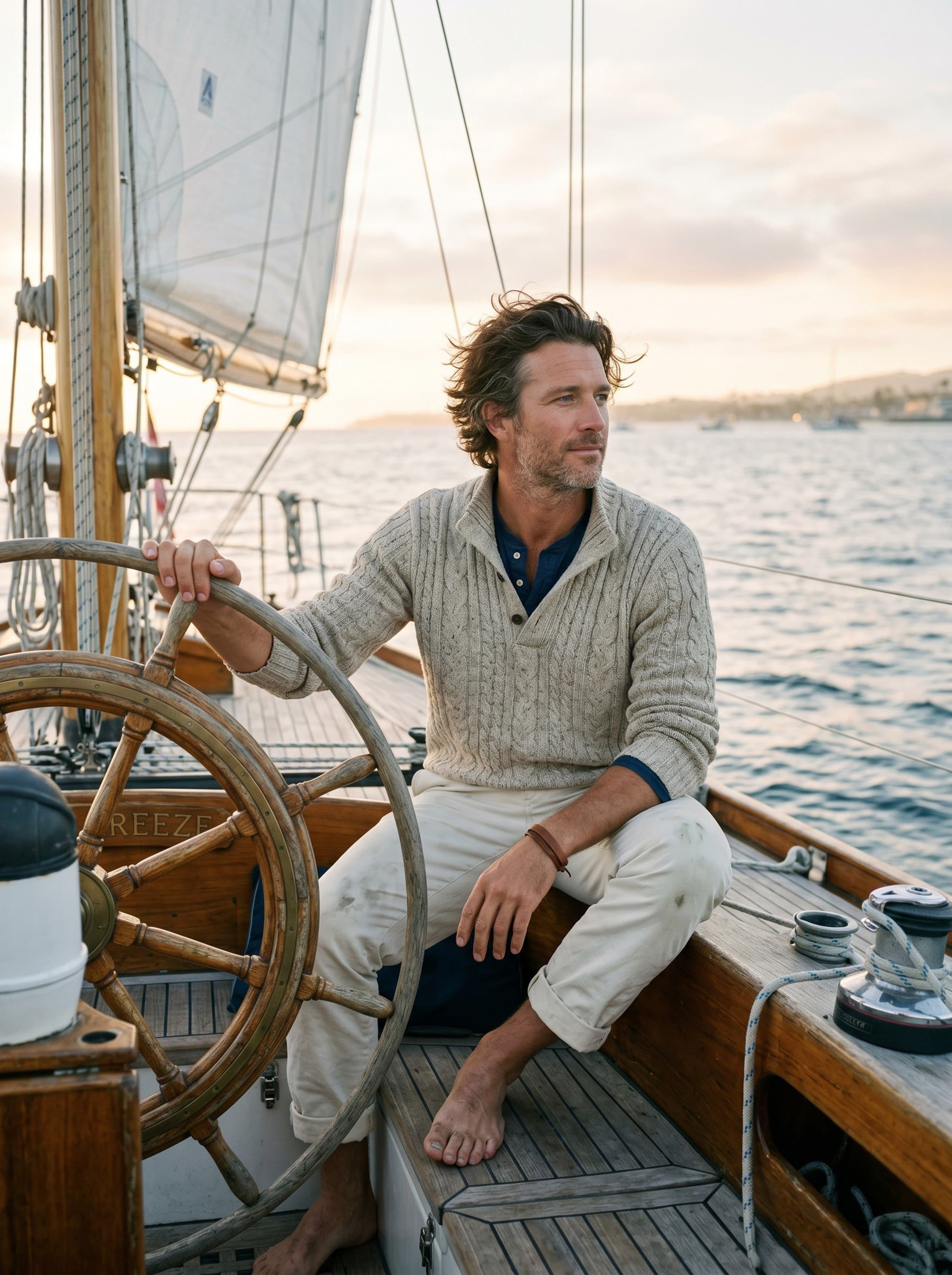 Quiet Luxury · sailing yacht hand on wheel