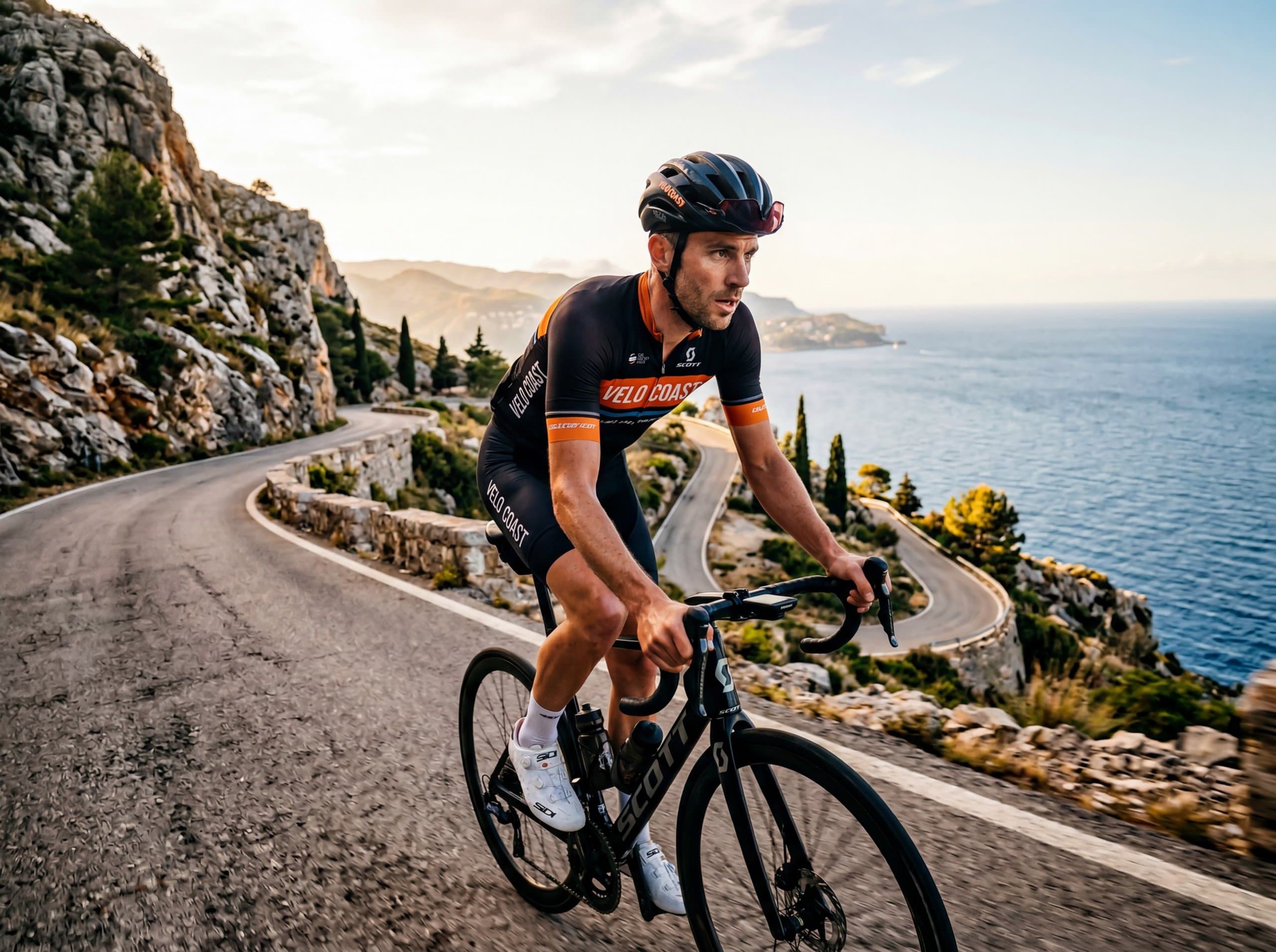 Fitness · cyclist mid-climb coastal road