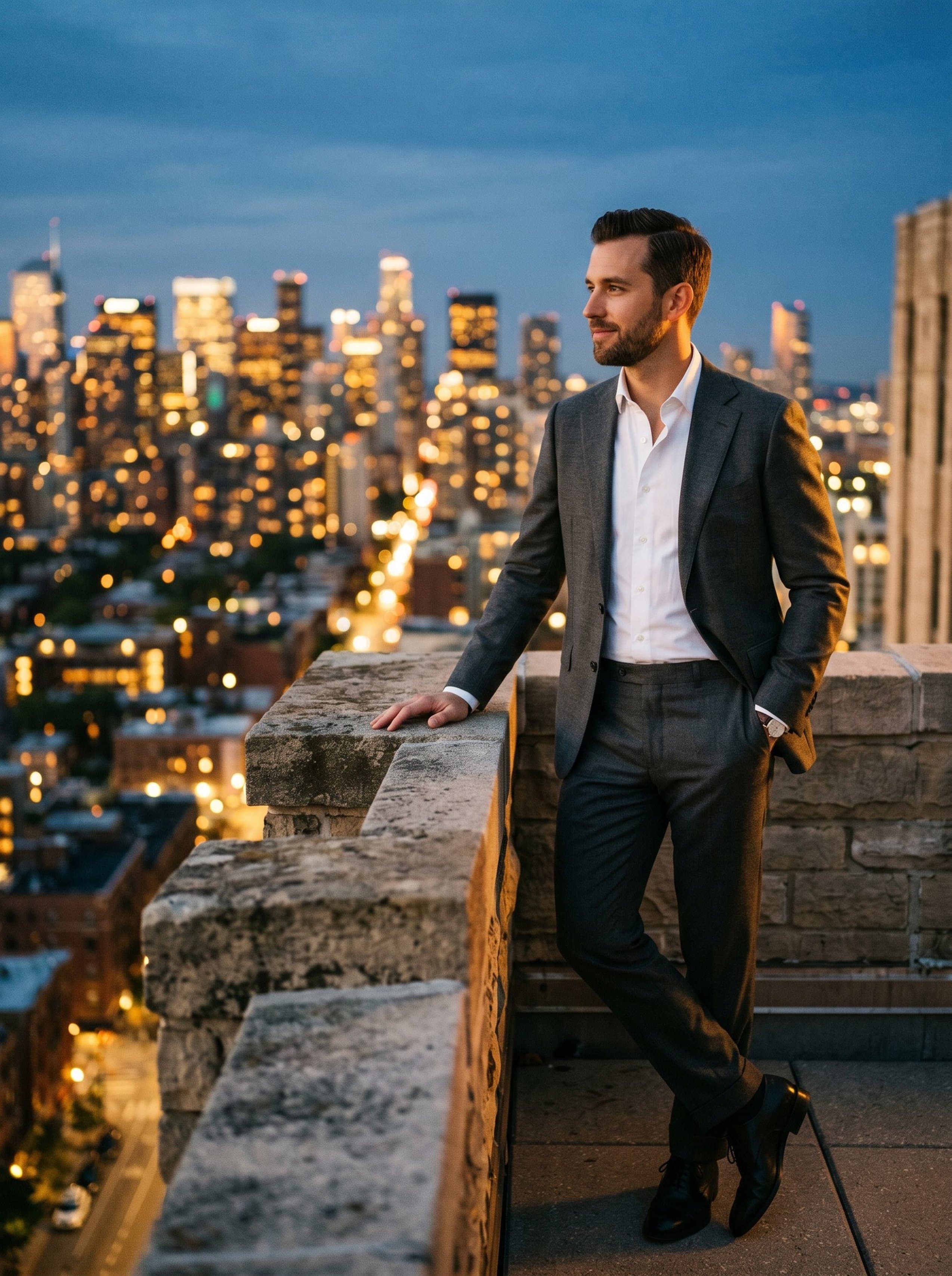 Quiet Luxury · rooftop tailored suit dusk