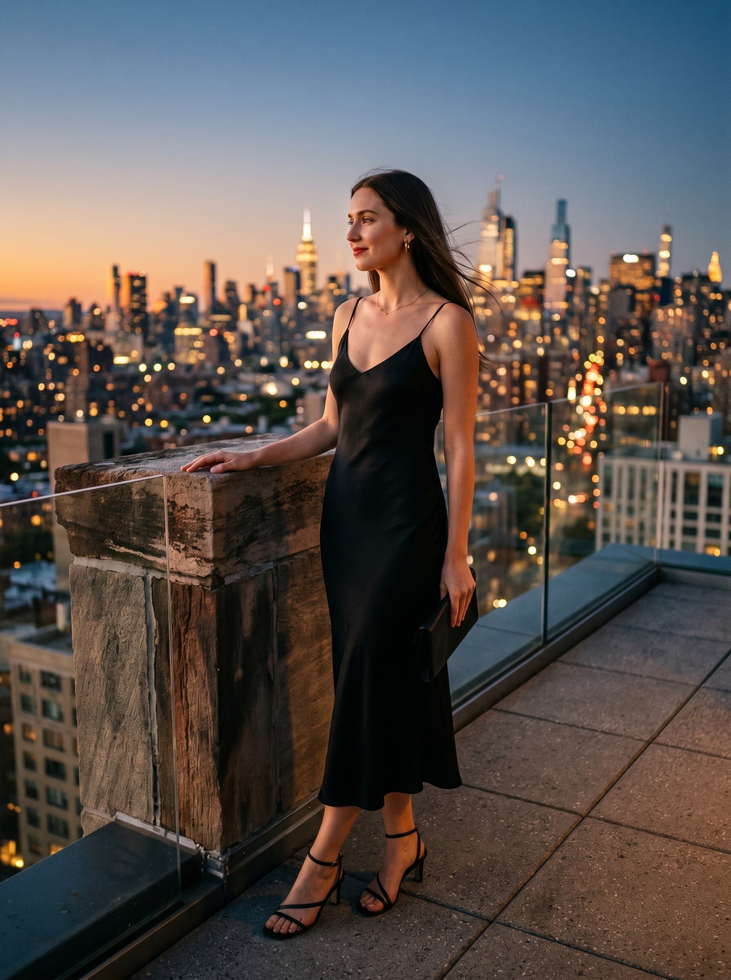 Vinted · black silk slip dress city rooftop dusk