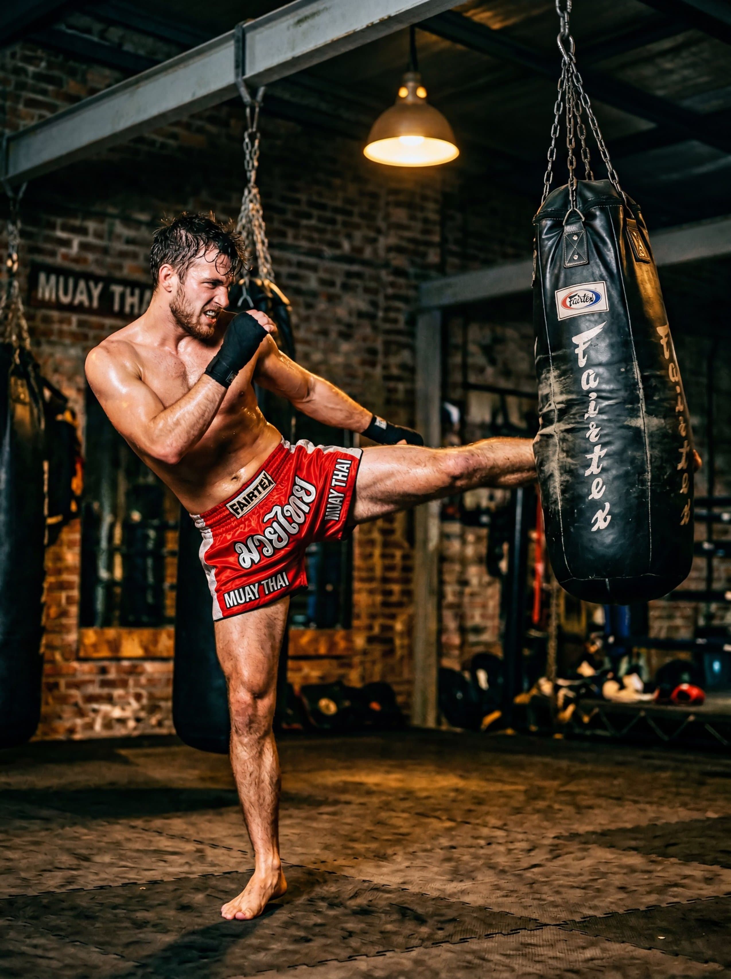 Fitness · male muay thai roundhouse kick heavy bag